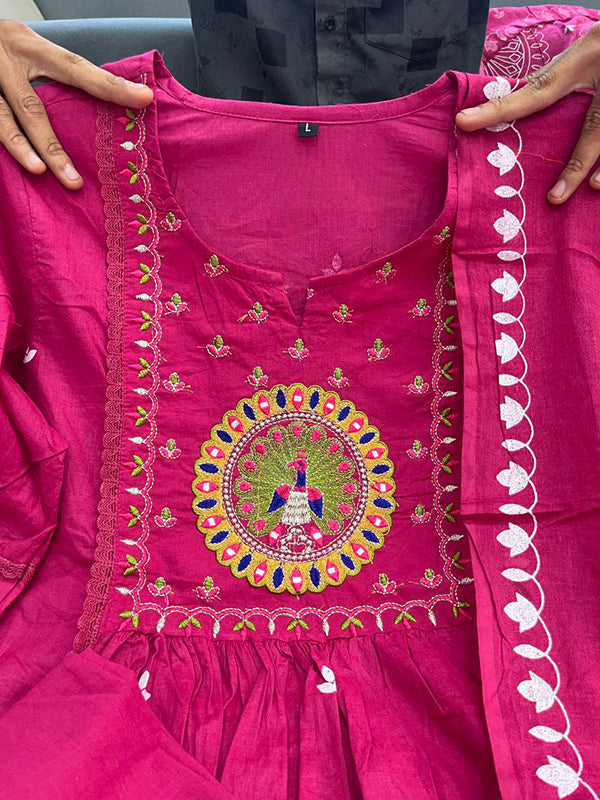 Pink Mal Cotton Pleated Kurti With Pant & Dupatta Set