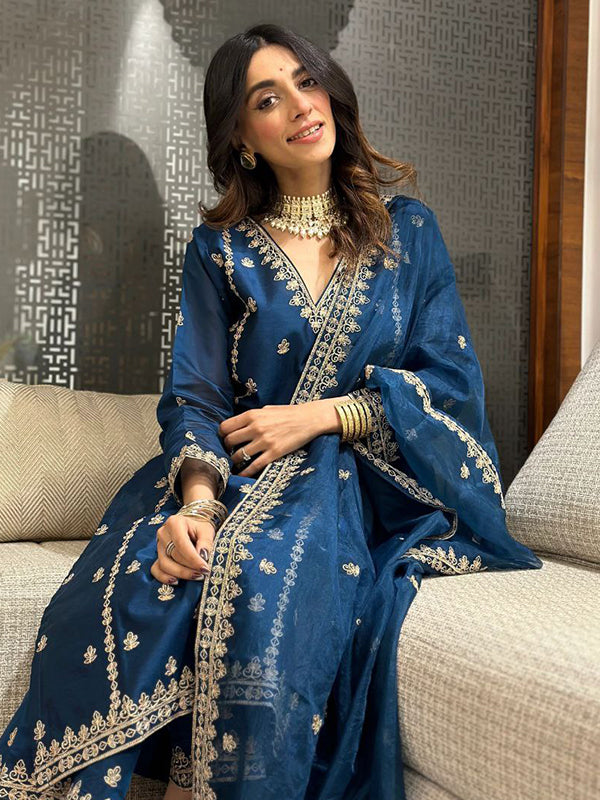 Blue Chanderi Silk Embroidered Suit Set With Dupatta