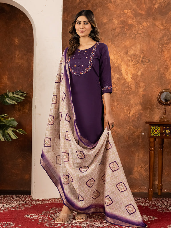 Wine Embroidered With Hand Work Suit Set