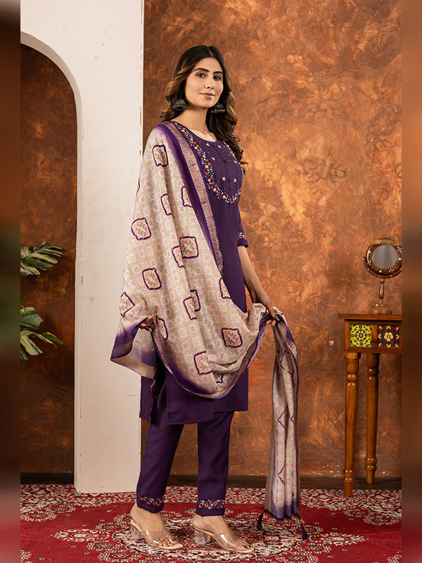 Wine Embroidered With Hand Work Suit Set