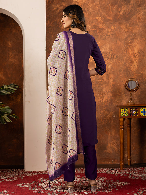 Wine Embroidered With Hand Work Suit Set