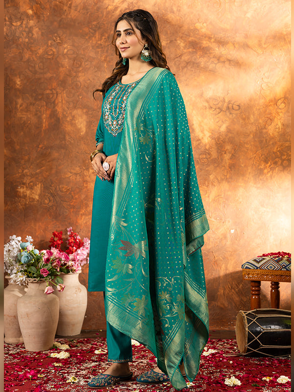 Rama Marina Silk Embroidered With Hand Work Suit Set