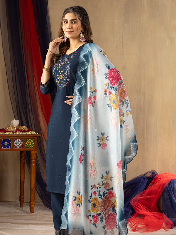 Dark Blue Viscose Silk Embroidered With Hand Work Suit Set