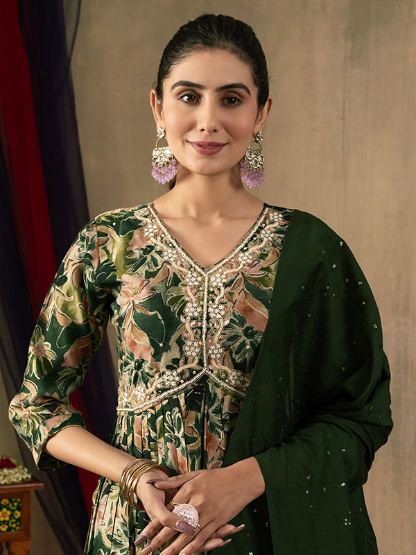 Green Alia Cut Embroidered With Hand Work Suit Set