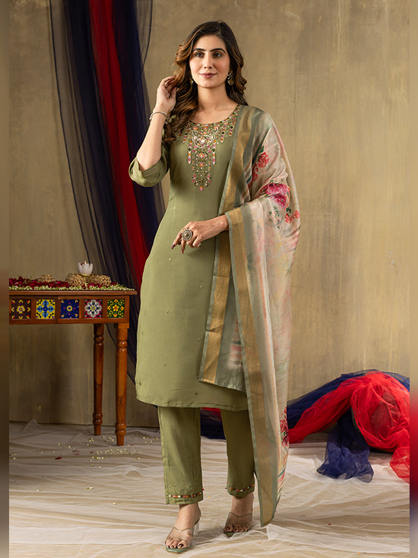 Mehndi Shimmer Silk Embroidered With Hand Work Suit Set