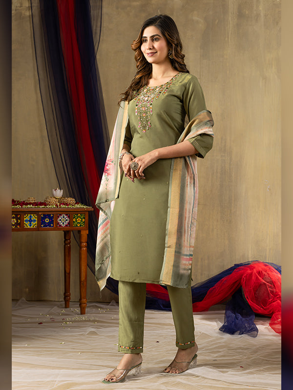 Mehndi Shimmer Silk Embroidered With Hand Work Suit Set
