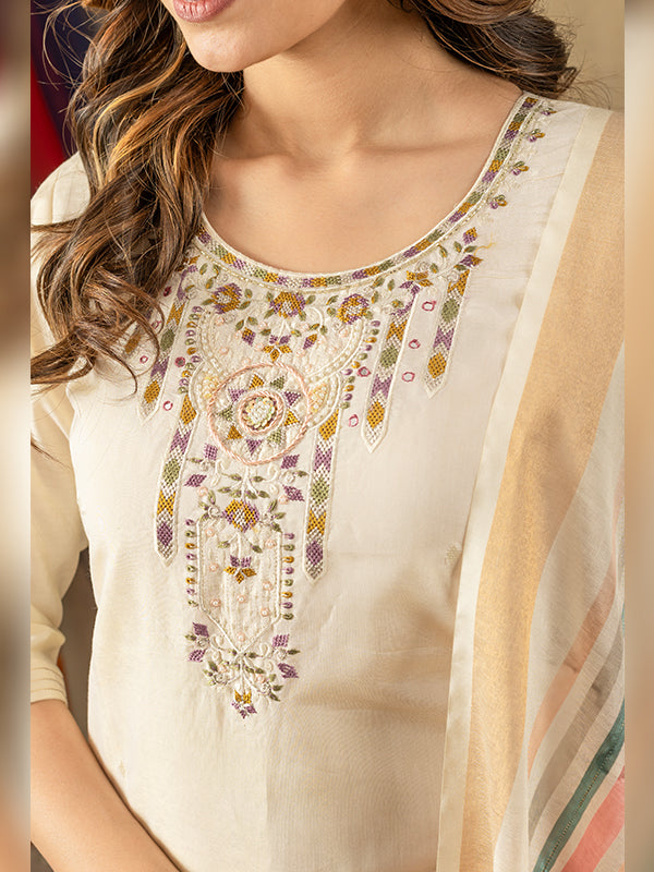 Off White Shimmer Silk Embroidered With Hand Work Suit Set