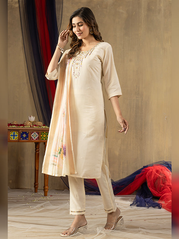 Off White Shimmer Silk Embroidered With Hand Work Suit Set