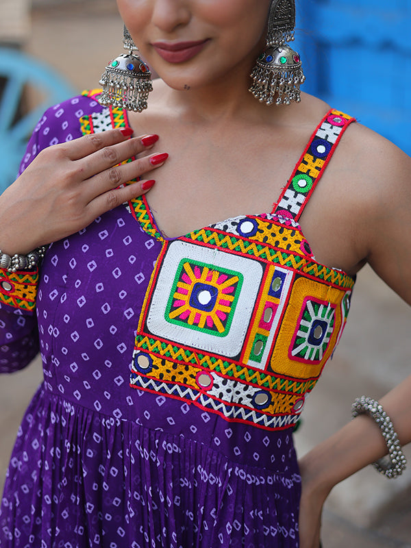 Purple Faux Georgette Bandhani Print With Kutchi Patchwork Gown