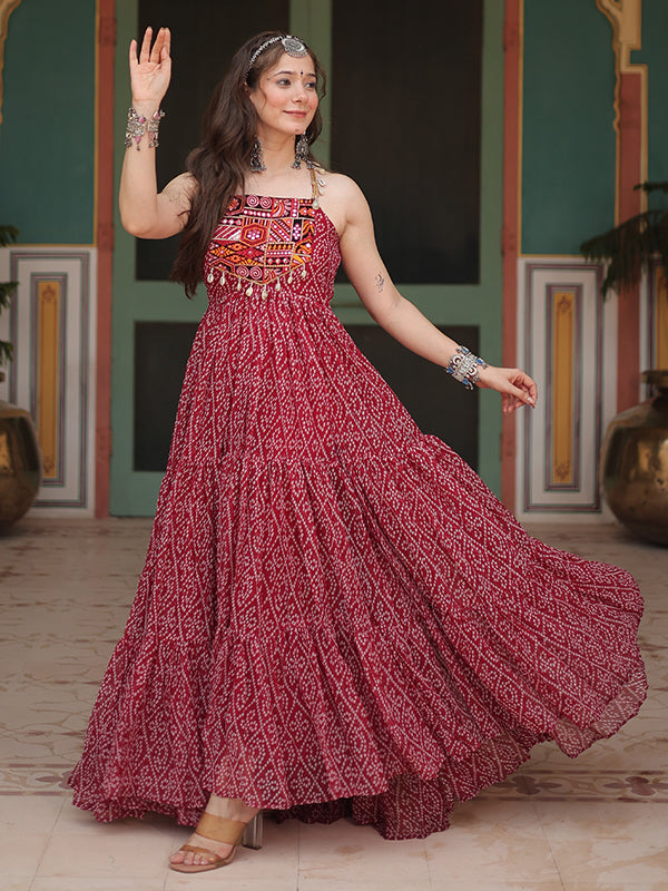 Maroon Sleeveless Georgette Bandhani Print With Kutchi Patchwork Gown
