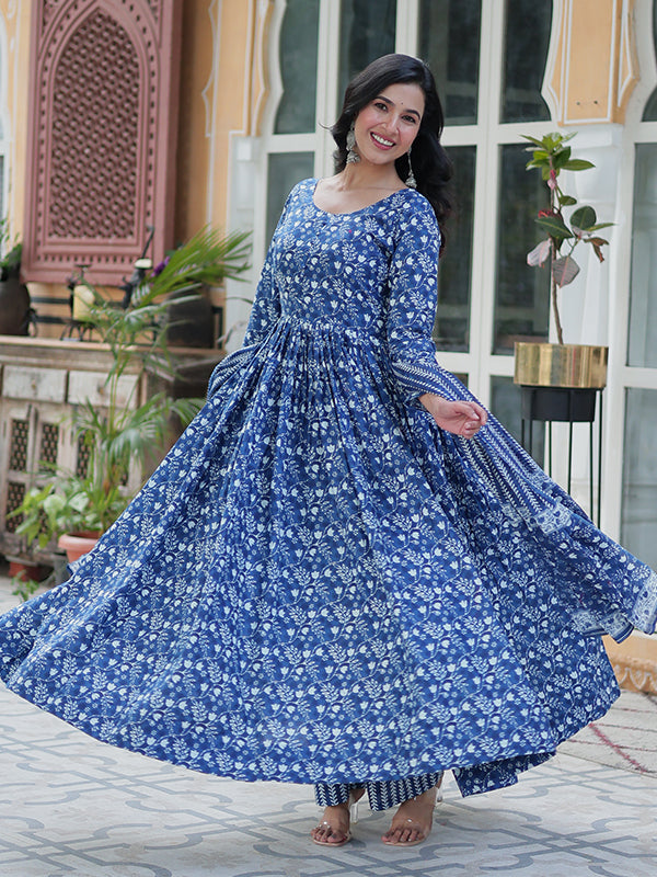 Blue Floral Printed Cotton Gown With Pant & Dupatta Set