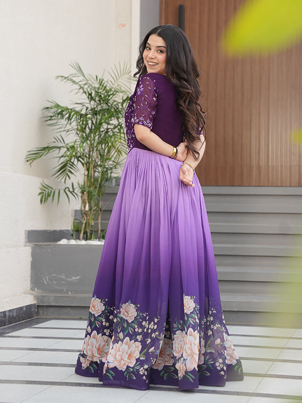 Purple Faux Blooming With Beads Embroidered Work Gown