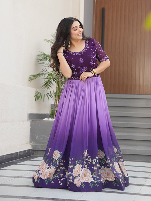 Purple Faux Blooming With Beads Embroidered Work Gown
