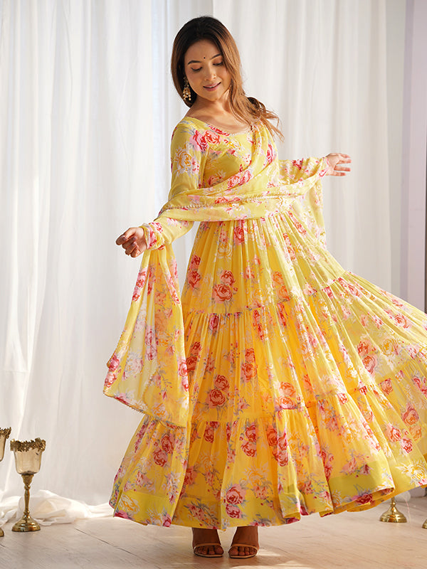 Yellow Layered Flower Printed Anarkali Gown With Pant & Dupatta Set