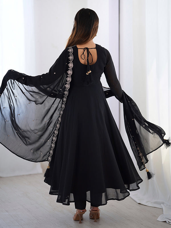 Black Georgette Anarkali Gown With Pant & Dupatta Set