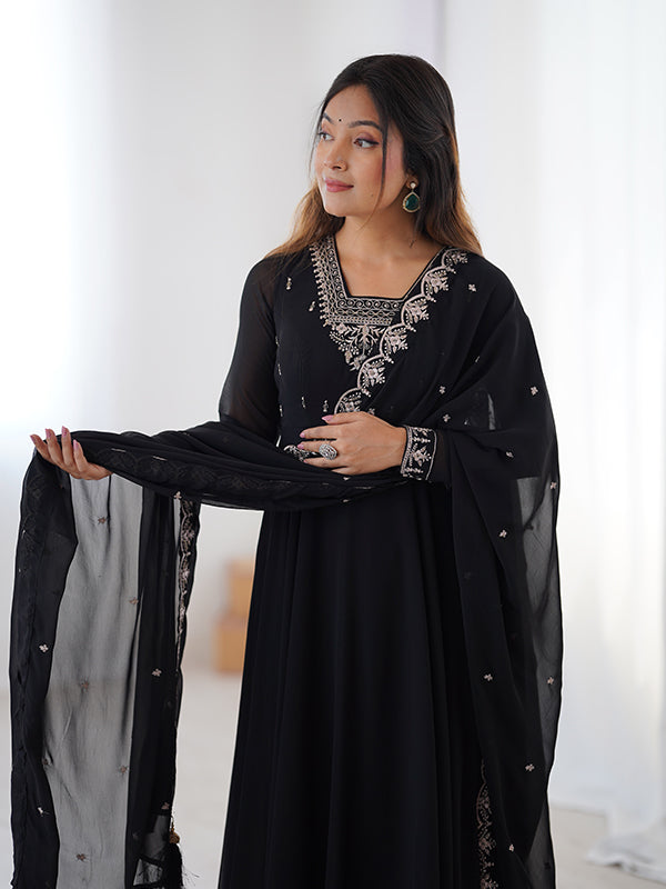 Black Georgette Anarkali Gown With Pant & Dupatta Set