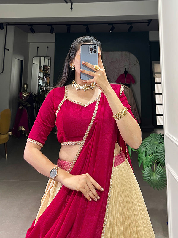 Pink & Off-White Silk Lehenga Choli With Dupatta