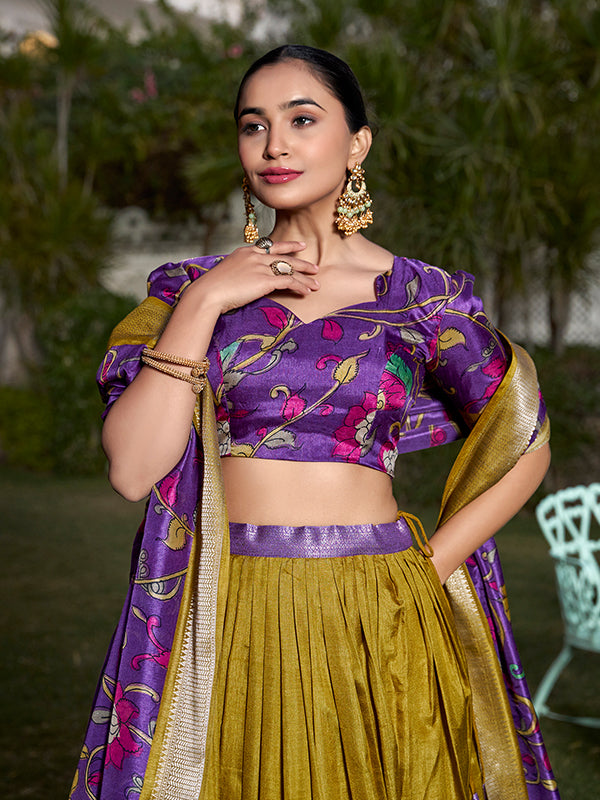 Mustard Kalamkari Print Silk Lehenga Choli With Dupatta