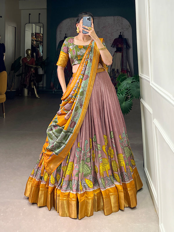 Kalamkari Print Onion Dola Silk Lehenga Choli With Dupatta