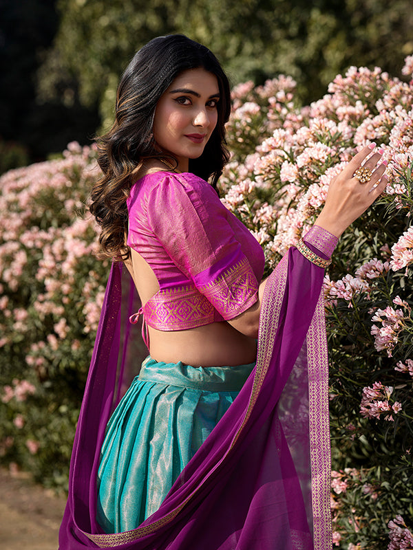 Sky Blue Kanchipuram Lehenga With Georgette Dupatta