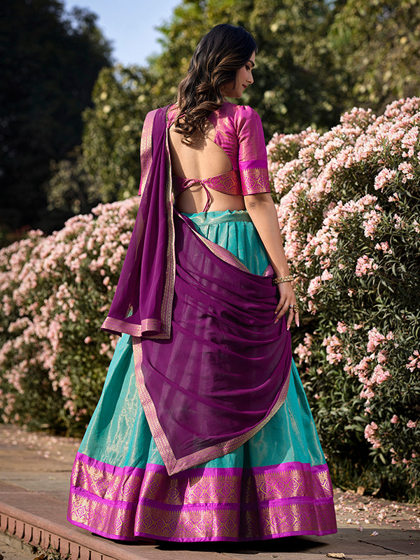 Sky Blue Kanchipuram Lehenga With Georgette Dupatta