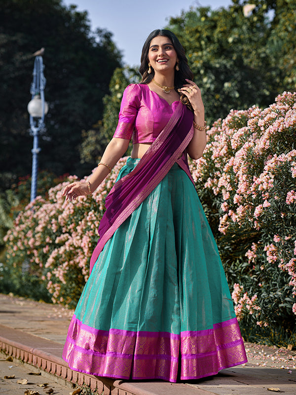 Sky Blue Kanchipuram Lehenga With Georgette Dupatta