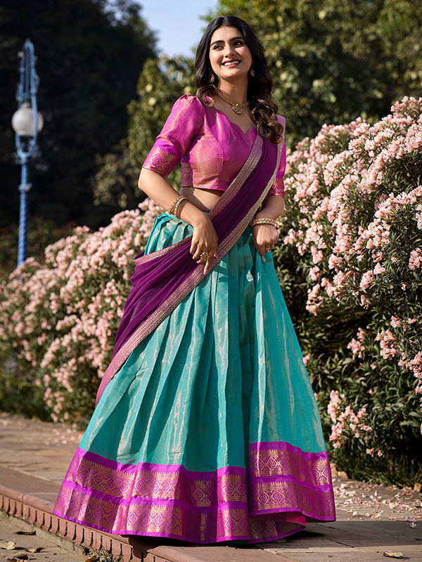 Sky Blue Kanchipuram Lehenga With Georgette Dupatta