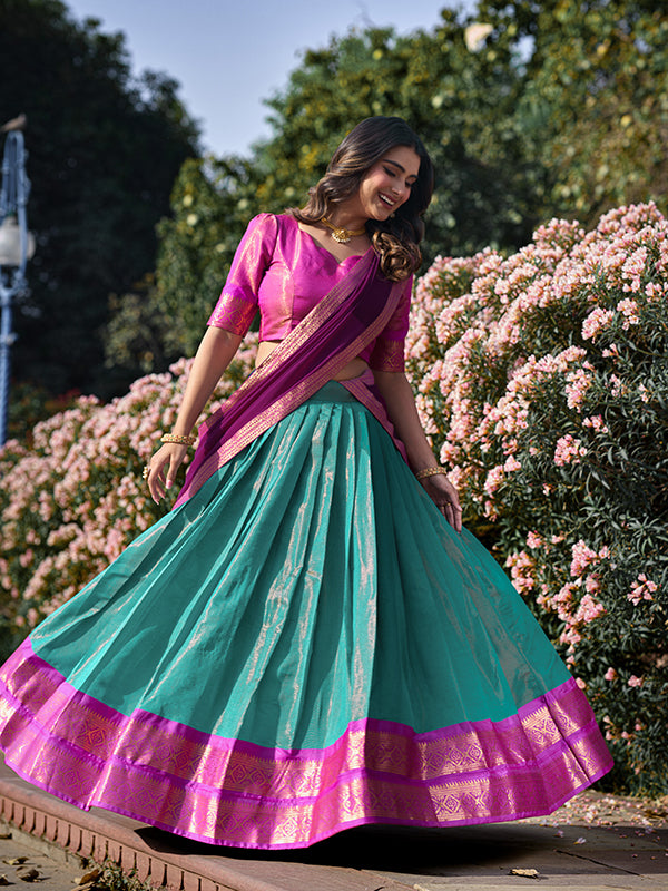 Sky Blue Kanchipuram Lehenga With Georgette Dupatta