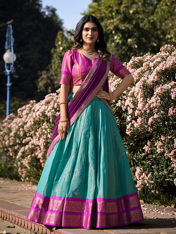 Sky Blue Kanchipuram Lehenga With Georgette Dupatta