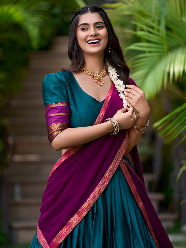 Teal Poly Cotton With Zari Weaving Lehenga Choli