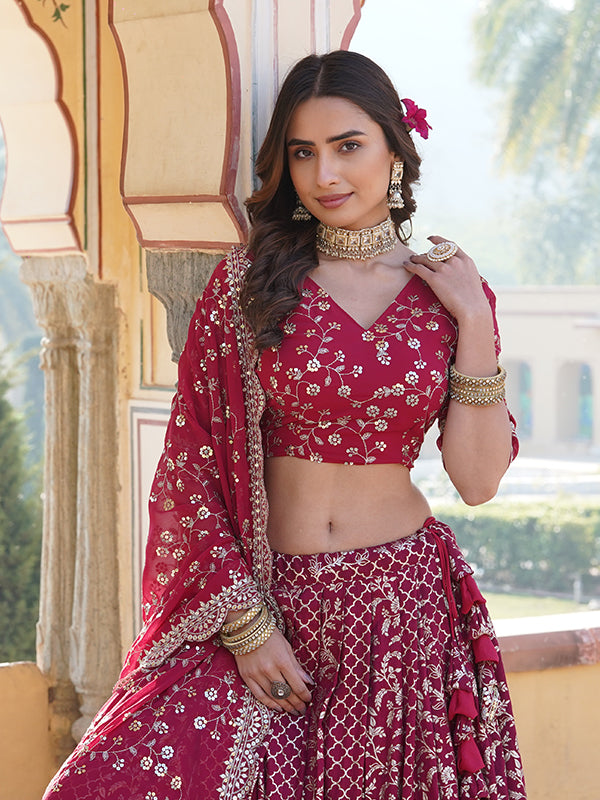 Deep Pink Viscose Jacquard With Embroidered Sequins Lehenga Choli