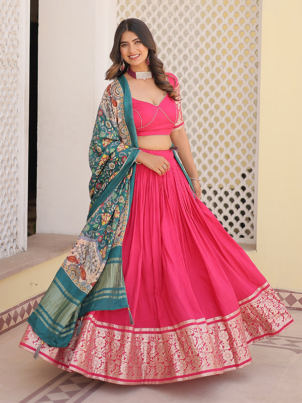 Pink Viscose Jacquard Lehenga Choli With Gajji silk Dupatta