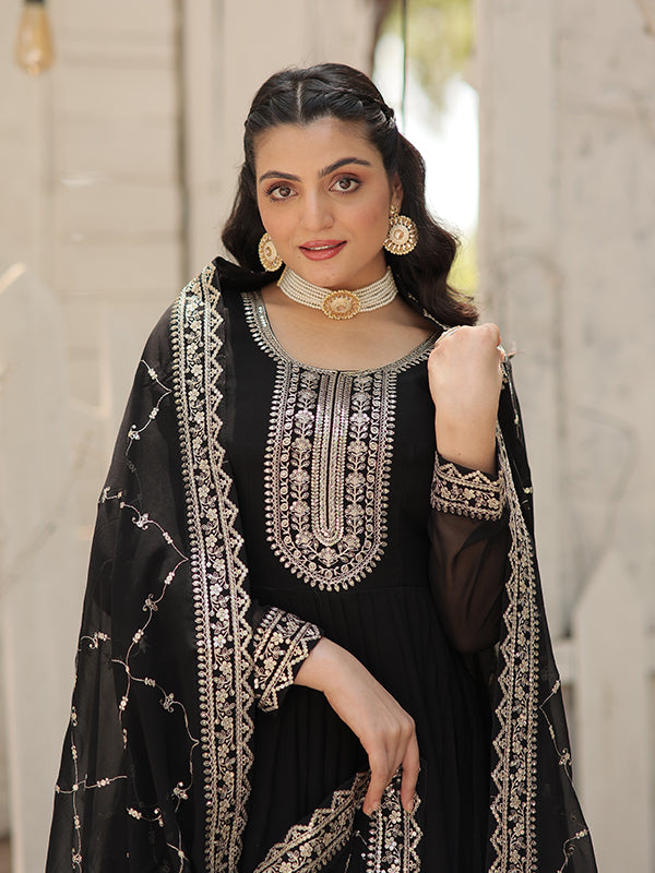 Black Faux Blooming Rich Sequins Embroidered Gown With Dupatta