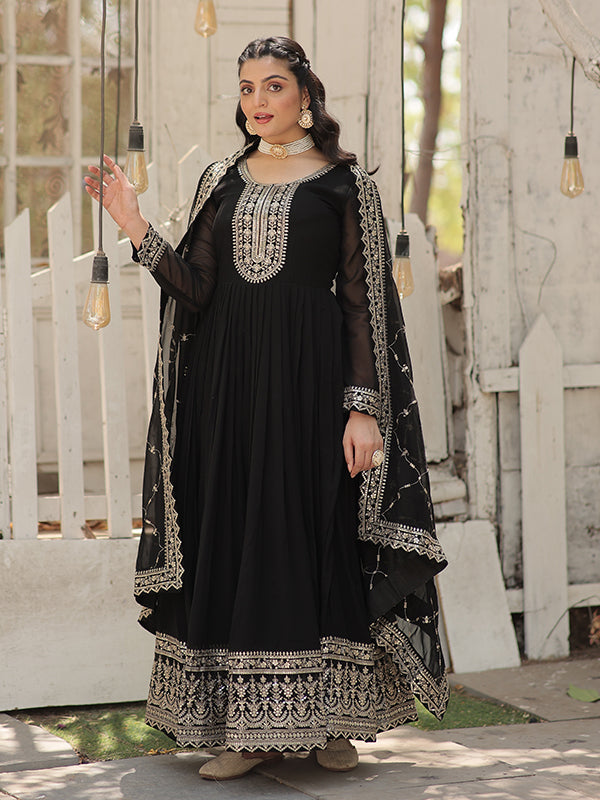 Black Faux Blooming Rich Sequins Embroidered Gown With Dupatta