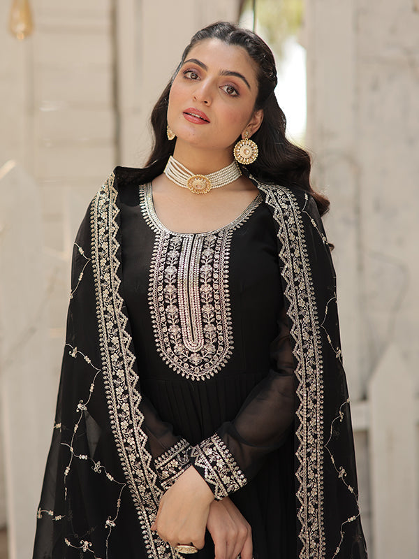 Black Faux Blooming Rich Sequins Embroidered Gown With Dupatta