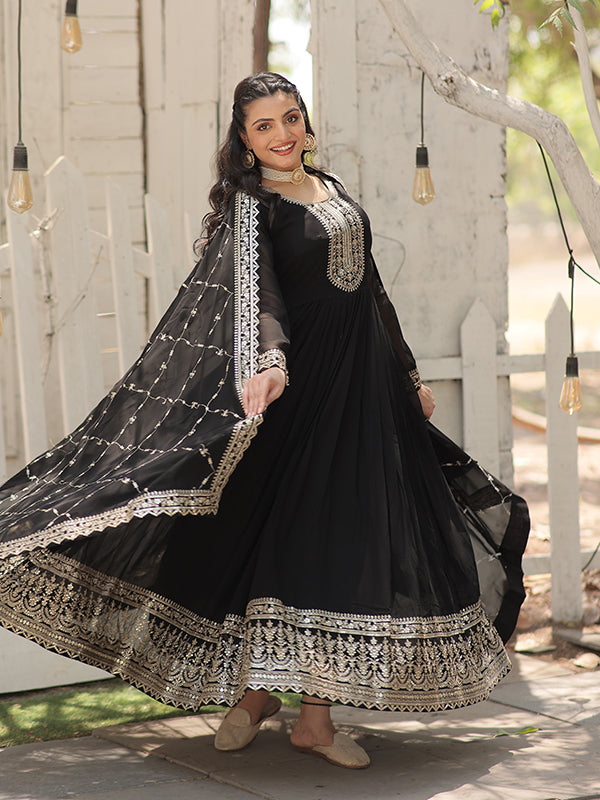 Black Faux Blooming Rich Sequins Embroidered Gown With Dupatta