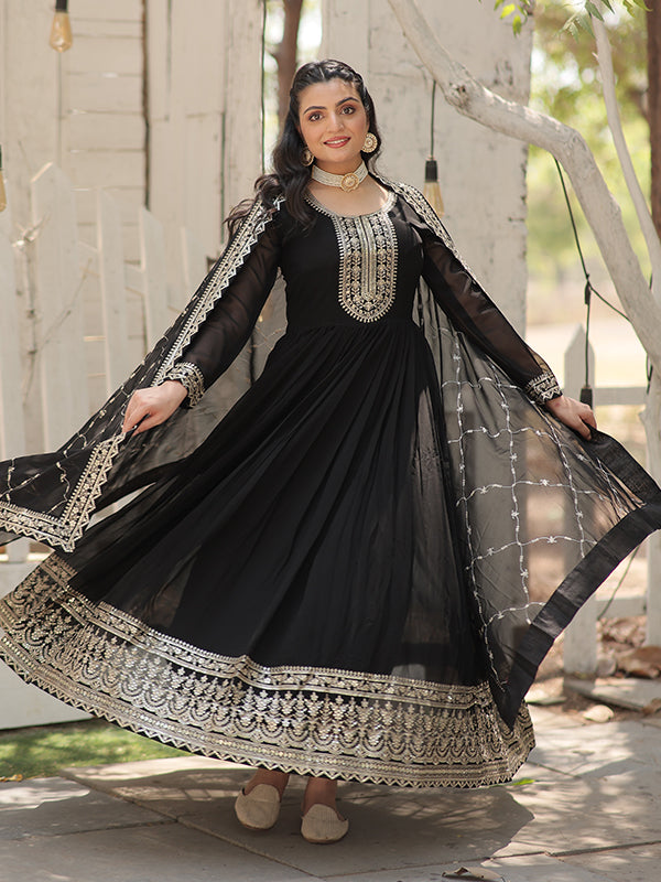 Black Faux Blooming Rich Sequins Embroidered Gown With Dupatta