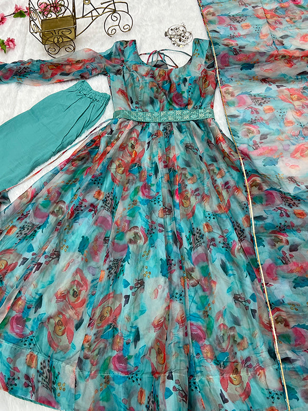 Sky Stains Organza Printed Anarkali Gown With Pant & Dupatta Set