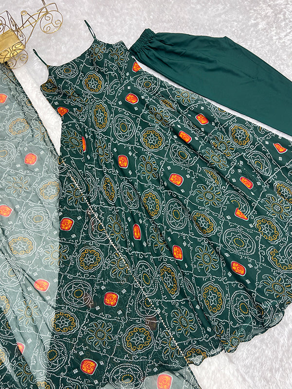 Bandhej Green Chiffon Printed Gown With Pant & Dupatta Set