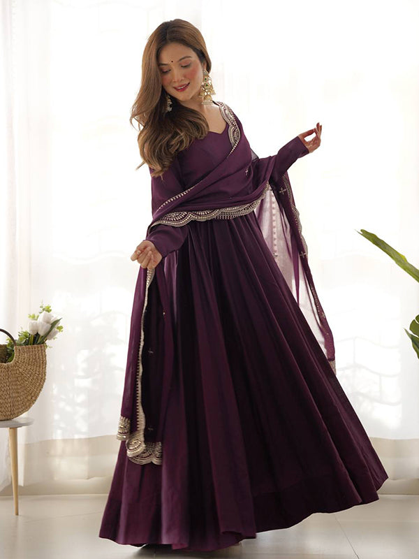 Wine Chanderi Silk Anarkali Gown With Pant & Dupatta Set