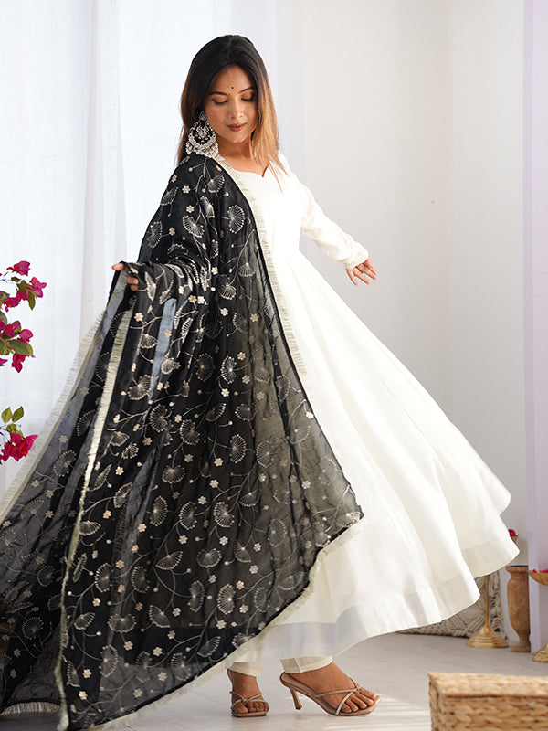 Black Dupatta Vichitra Silk Off White Anarkali Gown With Pant Set