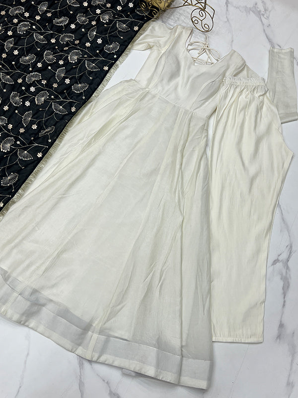 Black Dupatta Vichitra Silk Off White Anarkali Gown With Pant Set