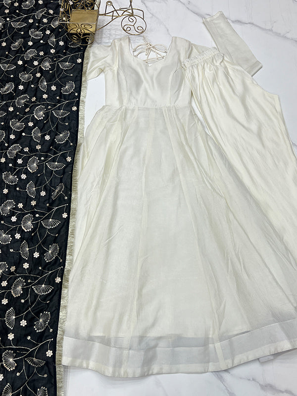 Black Dupatta Vichitra Silk Off White Anarkali Gown With Pant Set