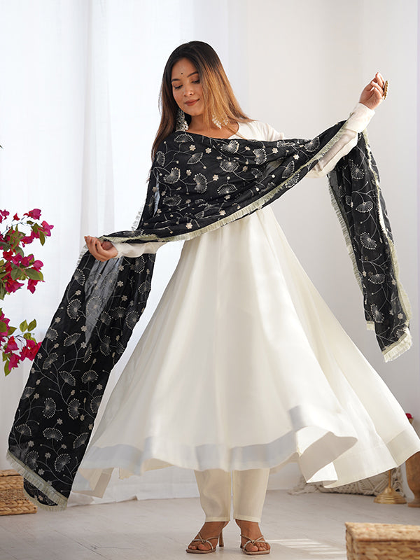Black Dupatta Vichitra Silk Off White Anarkali Gown With Pant Set