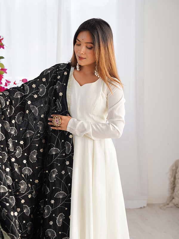 Black Dupatta Vichitra Silk Off White Anarkali Gown With Pant Set