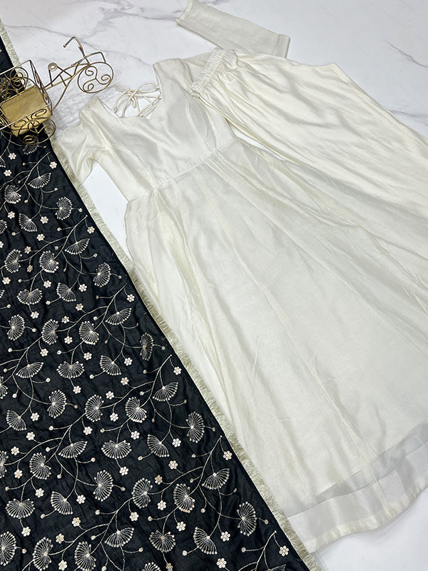Black Dupatta Vichitra Silk Off White Anarkali Gown With Pant Set