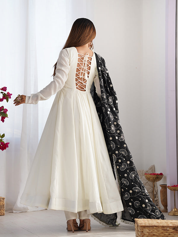 Black Dupatta Vichitra Silk Off White Anarkali Gown With Pant Set