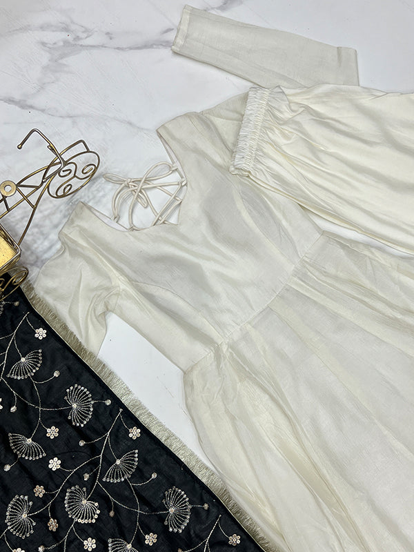 Black Dupatta Vichitra Silk Off White Anarkali Gown With Pant Set