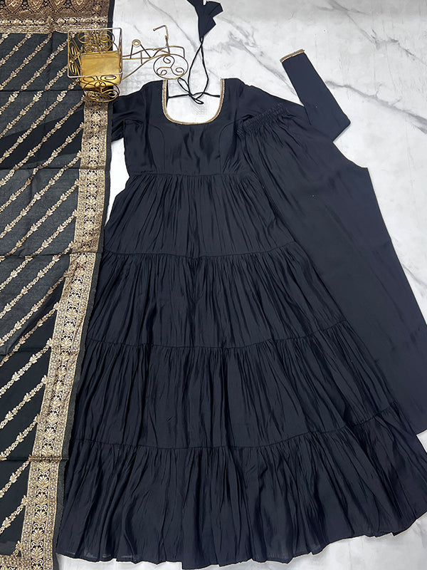 Black Layered Plain Anarkali Gown With Pant & Dupatta Set