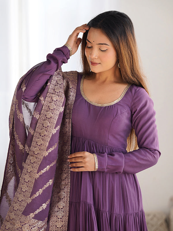 Mauve Layered Plain Anarkali Gown With Pant & Dupatta Set